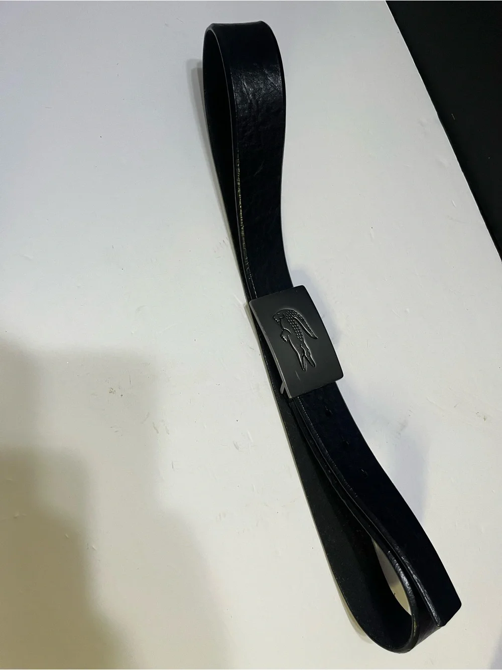 Lacoste Black Leather Belt with Silver Croc Plaque Buckle